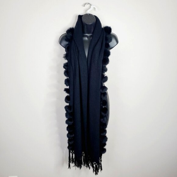 Vintage Accessories - Vintage Genuine Rabbit Fur Old Hollywood Glam Pom Pom Black Large Scarf